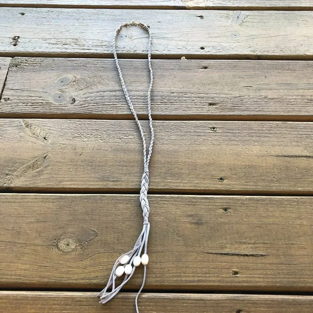 NEW Grey Braided Leather and Pearl Lariat Necklace